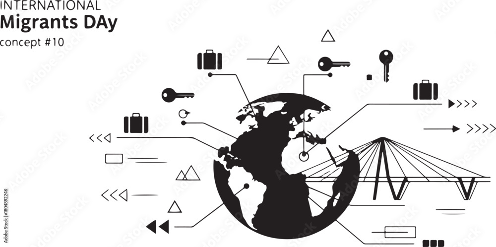 Fototapeta premium International Migrants Day Globe Bridge Suitcases Keys Arrows Concept world travel