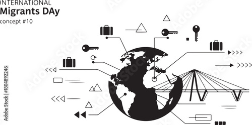 International Migrants Day Globe Bridge Suitcases Keys Arrows Concept world travel
