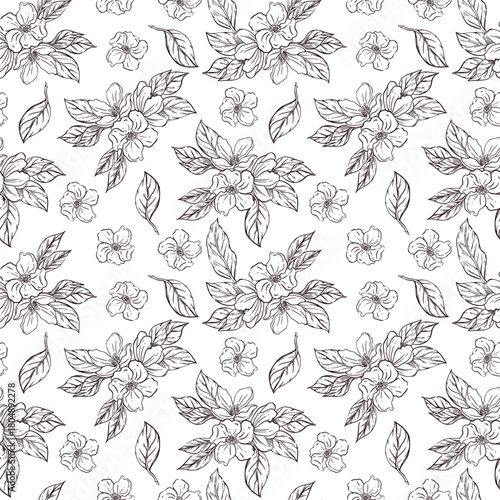 Vector seamless pattern of apple and plum blossoms, leaves, all objects hand-drawn with ink and translated into vector. Illustration is perfect for printing on paper and fabric, for design, creativity