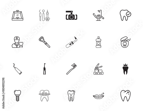 Dentistry and Orthodontics Outline Collection Dentist, orthodontics line icons set, dentistry outline vector, linear style pictogram pack. Signs, Set includes icons as caries, dental tooth prosthesis