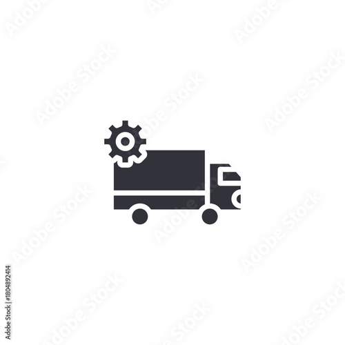 A delivery truck icon with a settings gear, representing logistics configuration, shipping management, fleet optimization, and transportation control systems.