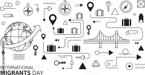 International Migrants Day with global travel and migration icons globe earth