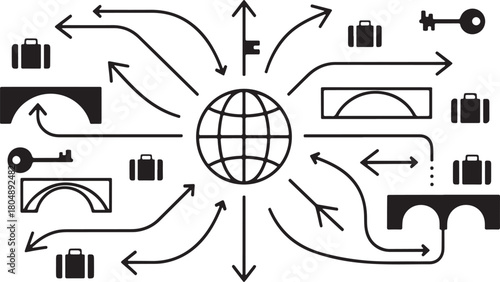International travel and migration concept with icons and arrows globe world