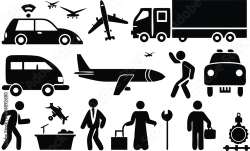 Collection of black transportation and people icons