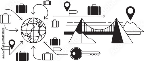 Travel and Global Connection Icons with Bridge and Key globe world