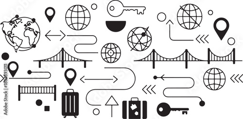 Travel and Navigation Icons with Bridges and Globes world