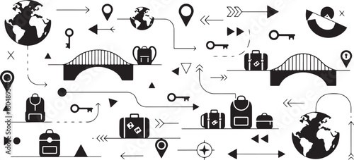 Travel and Navigation Icons with Globes and Bridges Keywords: travel, navigation, globe, world