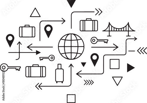 Travel Icons Arranged Around a Globe with Arrows and Suitcases world destination