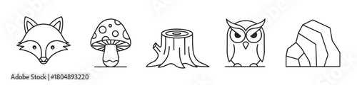 A collection of minimalist forest-themed icons including a fox, mushroom, tree stump, owl, and rock, all rendered in a clean and simple black and white line art style