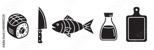 A minimalist set of black graphic icons representing ingredients and tools for making sushi, featuring a maki roll, a fish, a chef's knife, soy sauce, and a cutting board