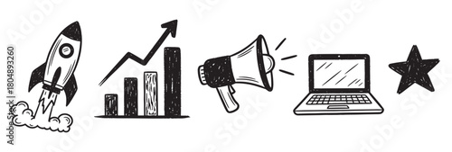 A set of hand-drawn business icons including a launching rocket, growth chart, megaphone, laptop, and star, representing startup, marketing, and success concepts in a doodle style
