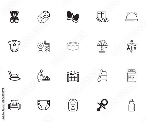 Newborn Accessories and Feeding Outline Collection Baby essentials line icons set linear style infant care, nursery, crib, bassinet, sleep sack, baby monitor, blanket, pacifier, nightlight, teddy bear