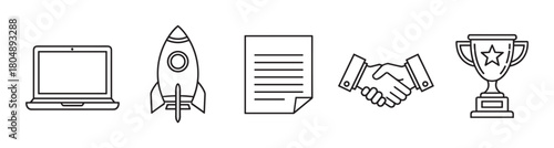 A set of business icons including a laptop, rocket, document, handshake, and trophy, representing startup launch, partnership, and success in a minimal outline style
