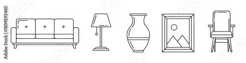 A collection of minimalist line art icons representing home furniture and decor, including a sofa, lamp, vase, framed picture, and armchair, presented in a clean and modern outline style