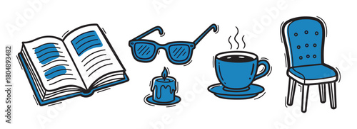 Hand-drawn vector icon set in a simple blue and black doodle style showing objects for relaxation and study, like a book, eyeglasses, a candle, a hot drink, and a chair