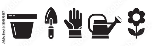 A collection of five black silhouette icons representing essential gardening items including a plant pot, hand trowel, protective glove, watering can, and a blooming flower