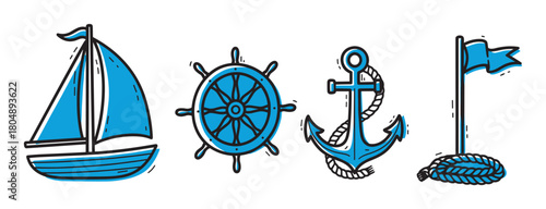 A set of blue nautical icons featuring a sailboat, a ship's wheel, an anchor with rope, and a flag, all drawn in a simple, charming hand-drawn doodle style