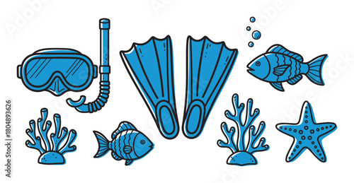 Hand-drawn set of blue ocean-themed elements in a doodle style, featuring a diving mask, snorkel, flippers, tropical fish, a starfish, and underwater coral plants
