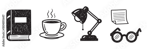 Black and white sketch illustration set with reading and study objects, including a book, hot beverage, lamp, paper, and eyeglasses, drawn in a simple scribbled doodle style