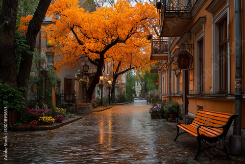 Wet cobblestone city street in autumn, with pastel-colored historic buildings with balconies and park area featuring empty wooden bench.