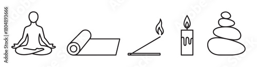 Minimalist line art icon set for wellness and spirituality, featuring a meditating figure, yoga mat, burning incense stick, lit candle, and a balanced stone cairn