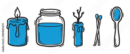 A hand-drawn set of blue magical items including a lit candle, a jar with a potion, an extinguished candle, matches, and a spoon in a simple doodle sketch illustration style
