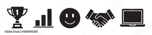 A collection of flat black icons symbolizing business achievement, including a winner's trophy, a rising bar graph, a customer satisfaction smile, a deal handshake, and a laptop