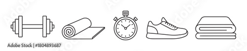 A collection of minimalist line art icons for fitness and exercise, featuring a dumbbell, rolled mat, stopwatch, athletic shoe, and a folded towel for a healthy lifestyle