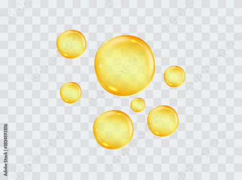 Oil drops on a transparent background. Yellow bubbles, vitamin C , collagen, cream, omega. Eps 10