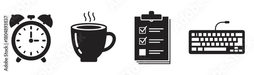 A set of black icons representing a daily work routine with an alarm clock, steaming coffee cup, a checklist on a clipboard, and a computer keyboard with a microphone