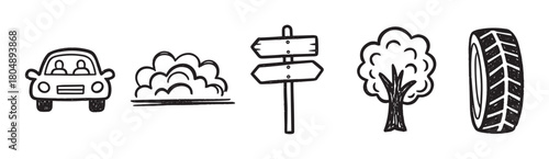 A collection of hand-drawn doodle icons representing a road trip, featuring a car, signpost, tree, tire, and a cloud of dust in a simple black and white sketch style