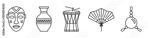 A collection of cultural icons including a tribal mask, a patterned vase, a djembe drum, a hand fan, and a rattle, all depicted in a minimalist black line art style