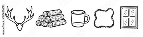 Collection of rustic, cozy home elements in a simple sketch style, including antlers, stacked logs, a warm drink cup, a soft pelt, and a classic window