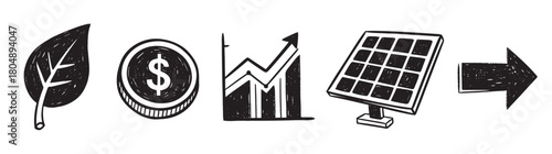 A hand-drawn set of black icons showing a leaf, dollar coin, growth chart, solar panel, and arrow, illustrating the concept of sustainable investment and renewable energy