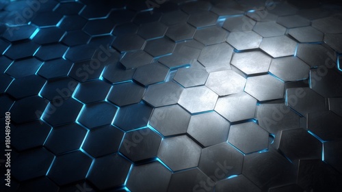 Metallic hexagonal pattern with blue glow. AI generated