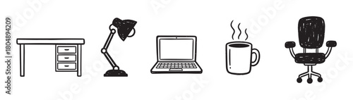 A set of hand-drawn office icons including a desk, lamp, laptop, coffee mug, and chair, illustrated in a simple black and white doodle style for business or creative concepts