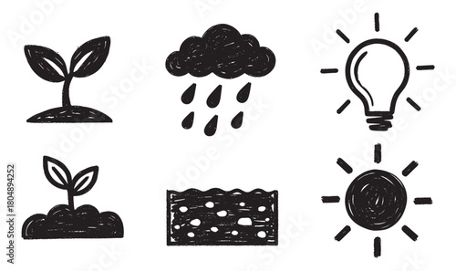 A collection of hand-drawn black icons representing growth, nature, and ideas, including a seedling, rain cloud, lightbulb, sun, and soil in a simple, sketchy doodle style