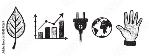 Hand-drawn doodle icon set illustrating concepts of ecology, economy, and global sustainability with a leaf, chart, plug, globe, and hand in a black and white graphic style