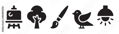 Minimalist black silhouette icons arranged horizontally, featuring an artist's easel, a simple tree, a paintbrush, a small bird, and an illuminated light bulb