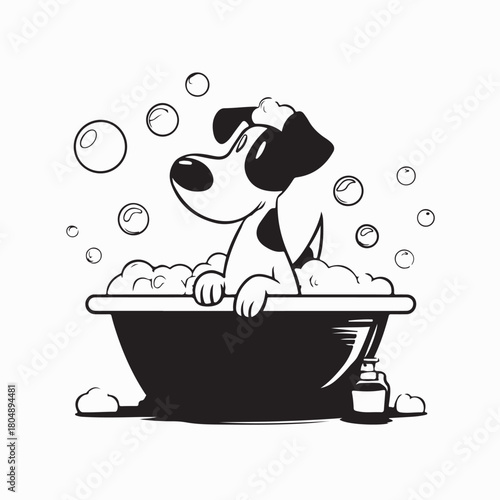 Cartoon Dog in Bathtub with Soap Bubbles Vector Illustration on white background