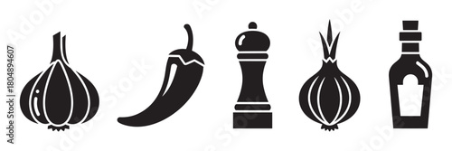 A collection of black food icons including garlic, chili pepper, a pepper mill, onion, and a sauce bottle, representing cooking ingredients and seasonings in a simple graphic style