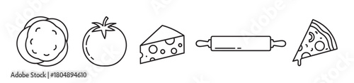 A set of minimalist black line art icons for pizza making, including dough, a tomato, a wedge of cheese, a rolling pin, and a finished slice, illustrating the cooking process