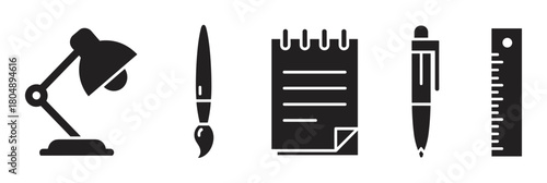 A set of black glyph icons representing office and school supplies, including an adjustable desk lamp, paintbrush, spiral notepad, ballpoint pen, and a measuring ruler