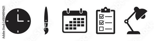 Minimalist black silhouette icons for planning and productivity, featuring a time symbol, art brush, schedule, task list, and a table lamp in a clean graphic style