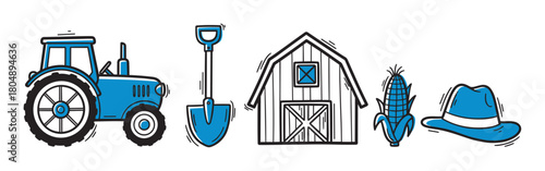 A charming collection of farming and agricultural elements including a blue tractor, a shovel, a barn, a corn cob, and a hat, presented in a simple graphic illustration style