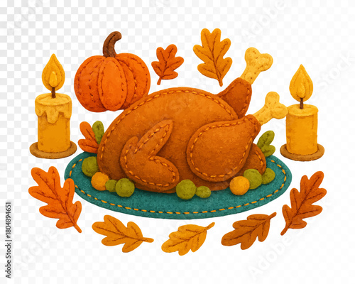 Cozy felt Thanksgiving turkey scene with stitched roast turkey, pumpkin, candles, autumn leaves and warm festive decor on a plate in soft handcrafted style. Vector illustration.