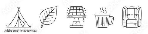 A set of minimalist line art icons for camping and outdoor adventure, featuring a tent, leaf, solar lantern, hot mug, and backpack, representing eco-friendly travel and hiking