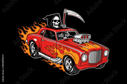 Grim Reaper Driving a Flaming Hot Rod Car.
