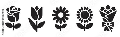 A collection of five distinct black silhouette icons depicting various flowers including a rose, tulip, daisy, sunflower, and a wrapped bouquet, presented in a clean, minimalist style