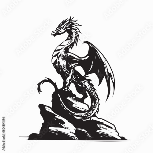 Legendary Dragon Standing Proud on Stone Vector on white background